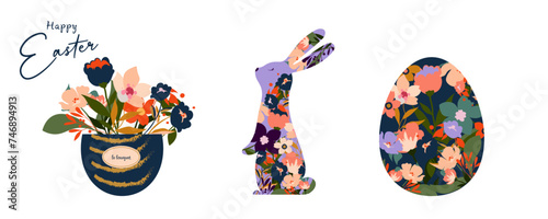Happy Easter greeting card templates with easter rabbit, eggs, roses, leaves, floral bouquets, spring flowers compositions. Trendy poster, web banner, header or cover for website. Modern art style.