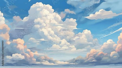 landscape of anime style white clouds in the sky. clear sky background generated with AI