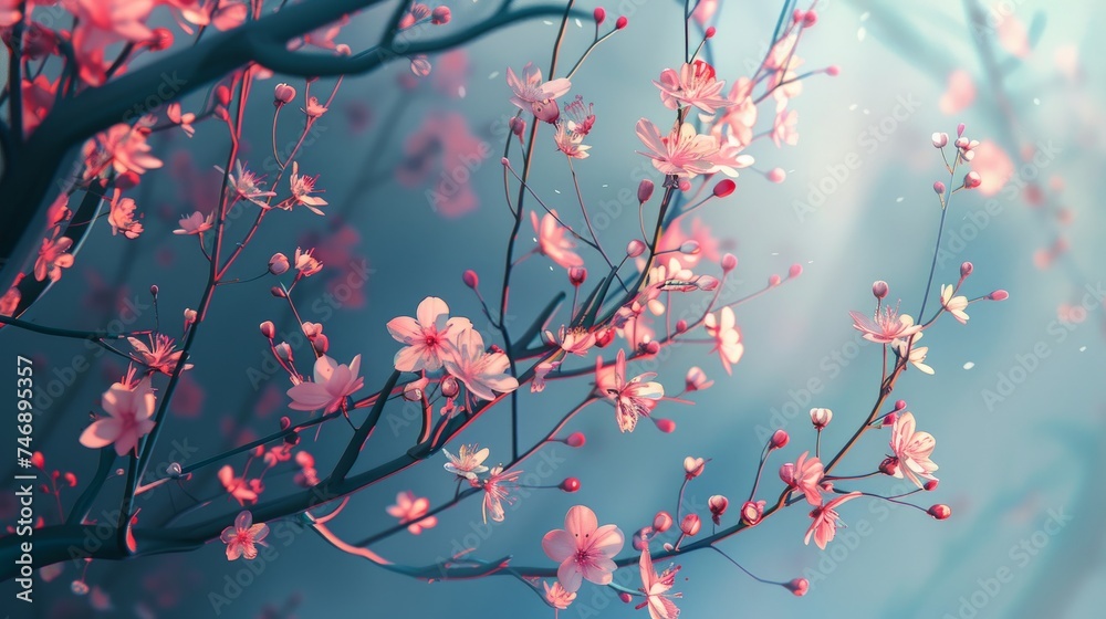 Stunning visual art of cherry blossoms highlighted by an ethereal blue light, creating a dreamlike atmosphere that captures the essence of spring.