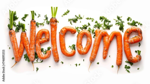 The word Welcome isolated on white background made in Baby Carrot Typography style. Decorative lettering of a word Welcome. Creative postcard. Ai Generated Digital art poster.