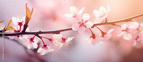 In this close-up shot, a cherry blossom branch is covered with delicate pink flowers, set against a background of sunlight filtering through leaves in spring.