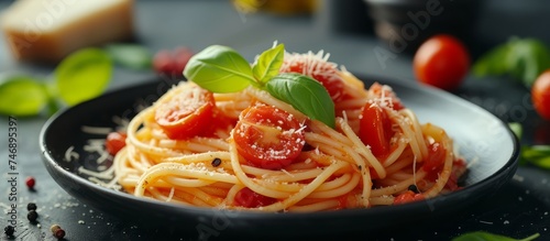 Delicious Spaghetti Pasta with Fresh Tomatoes and Basil Leaves in a Bowl - Italian Cuisine Concept