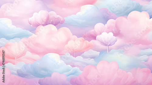 Pastel pattern  cotton candy flowers  illustration  2D background  wallpaper  social media. AI