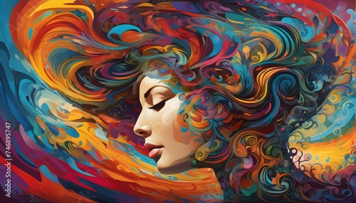 Vibrant profile of young woman. Human head embodying chaotic nature of distressed mind