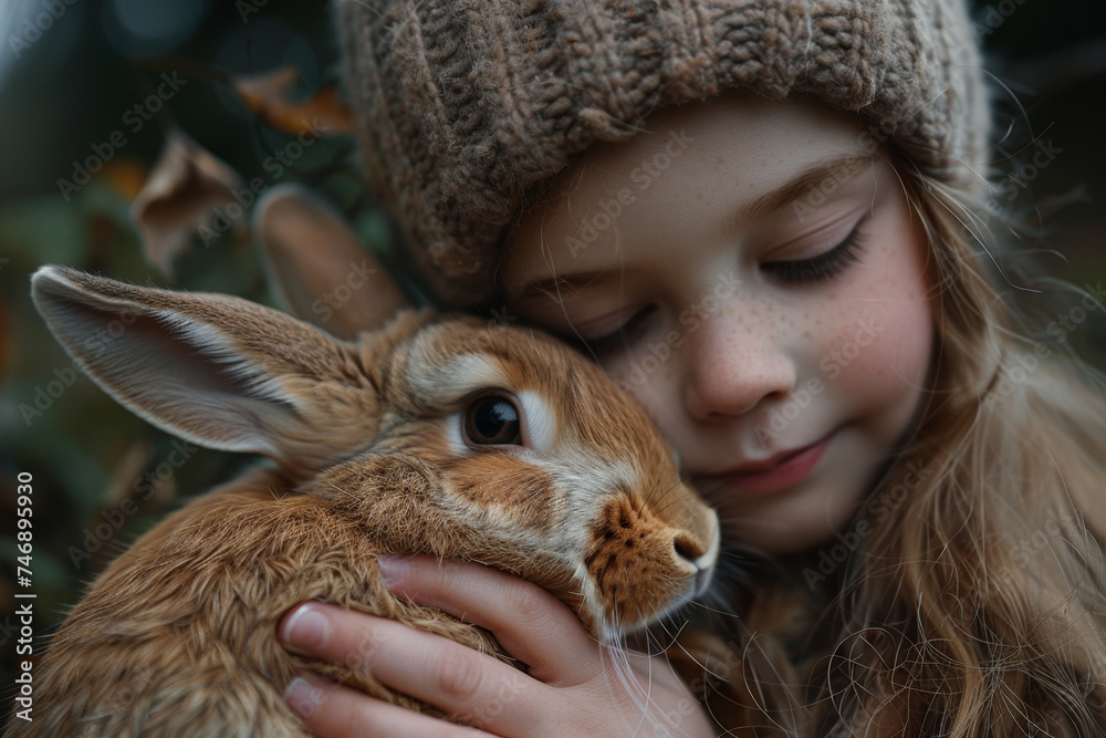 Child in Knit Hat Tenderly Holding a Rabbit Child in Knit Hat Tenderly Holding a Rabbit