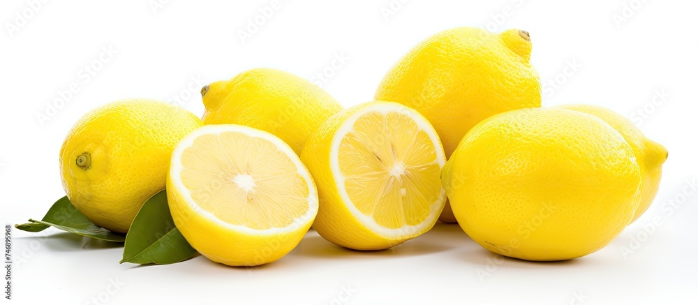 A collection of fresh lemons with green leaves, neatly arranged on a clean white background. The lemons are cut in half, revealing the juicy citrus fruit inside.