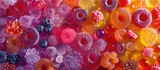 A close-up view of a vibrant assortment of gummy bears, showcasing their different colors and shapes. Some of the gummy candies resemble bears while others resemble donuts.