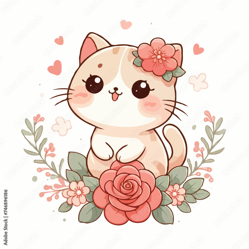 cute funny cat with flower vector on white background
