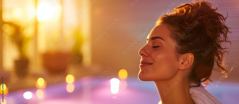 Refreshing Beauty Ritual: Woman with a Towel on Her Head After Showering Refreshing Beauty Ritual: Woman with a Towel on Her Head After Showering