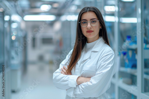 young woman scientist standing with arms crossed in modern laboratory