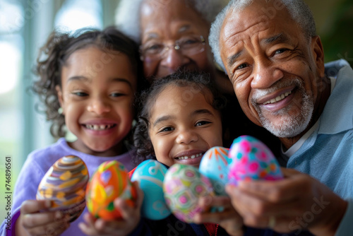 Close-up of a joyful family with painted Easter eggs