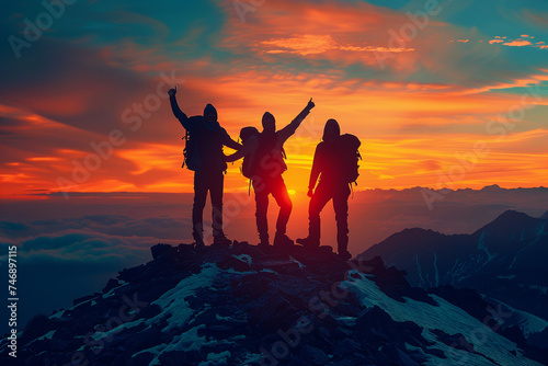 Friends sharing a moment of triumph at the summit of a mountain, arms raised in victory against the backdrop of a breathtaking panorama.