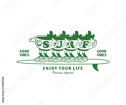 cartoon character of surf coffee Graphic Design for T shirt Street Wear and Urban Style	