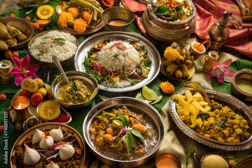 A festive spread of traditional Ugadi dishes in vibrant setup
