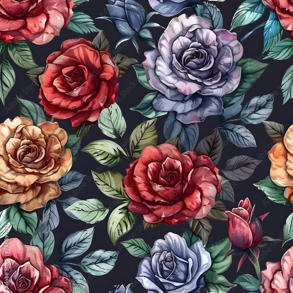 Watercolor roses in seamless pattern