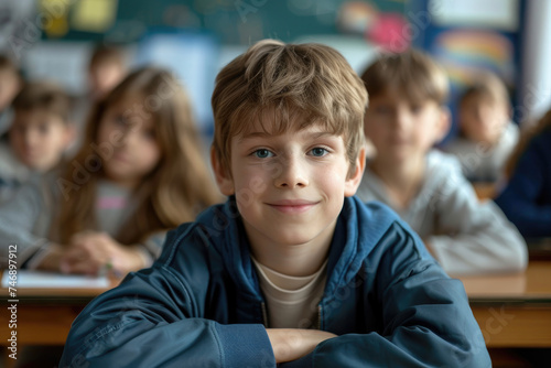 Happy elementary student in classroom looking at camera