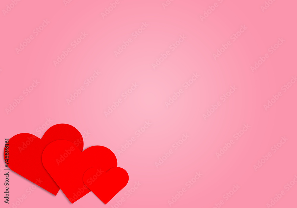 Red paper hearts on pink background top view with copyspace