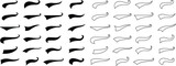Set of Swoosh and swoop underline typography tails shape in flat styles. Brush drawn curved smear. Hand drawn curly swishes, swash, twiddle. Vectors calligraphy doodle swirl on transparent background.