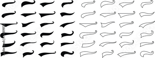 Set of Swoosh and swoop underline typography tails shape in flat styles. Brush drawn curved smear. Hand drawn curly swishes, swash, twiddle. Vectors calligraphy doodle swirl on transparent background. photo