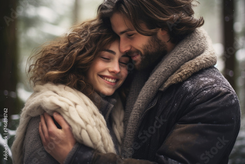 Young man in love hugging his girlfriend in snow winter photo