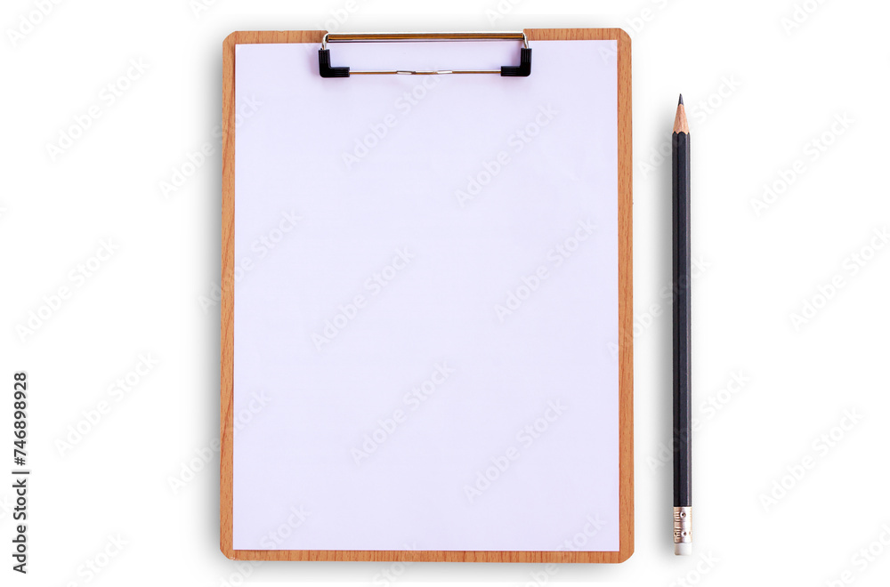 Top view clipboard with pencil on white background Top view clipboard with pencil on white background