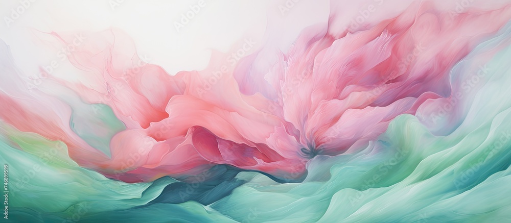 This abstract painting showcases vibrant pink and green colors swirling together to create a seascape effect on a silky white canvas. The colors blend and contrast, evoking a sense of movement and