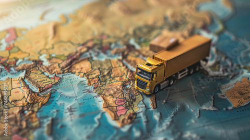Truck model on world map , transportation of goods between countries on the road concept