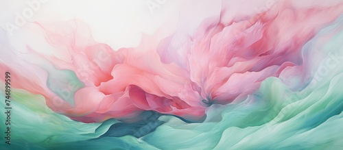 This abstract painting showcases vibrant pink and green colors swirling together to create a seascape effect on a silky white canvas. The colors blend and contrast, evoking a sense of movement and