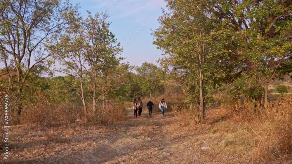 group of hikers, led by a local guide, explore nature while learning about ecotourism and conservation. Concept of hiking, walking, community, conservation, exploration, eco, ecology, local. group of hikers, led by a local guide, explore nature while learning about ecotourism and conservation. Concept of hiking, walking, community, conservation, exploration, eco, ecology, local.