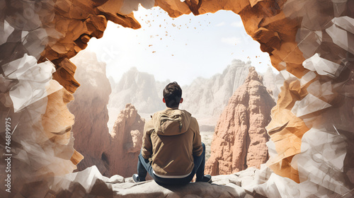 Unrecognizable male traveler sitting under rock formation looking for beautiful mountain in the background     photo