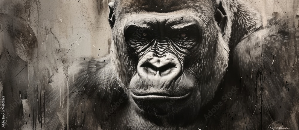 A black and white photo capturing a powerful silverback gorilla at Blackpool Zoo. The gorilla is portrayed in its natural habitat, displaying strength and dominance.