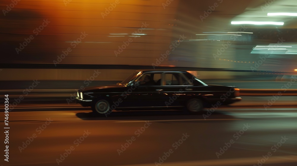Fototapeta premium Car driving on freeway at sunset, motion blur