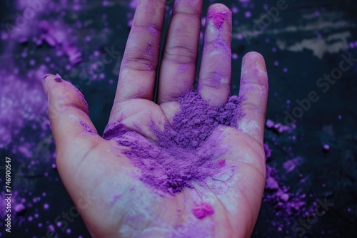 Mao with colored powder in purple color, Holi hai day concept. photo