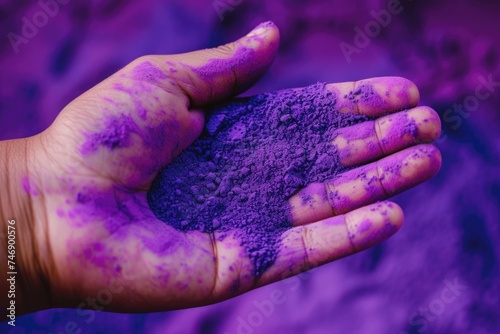 Mao with colored powder in purple color, Holi hai day concept.