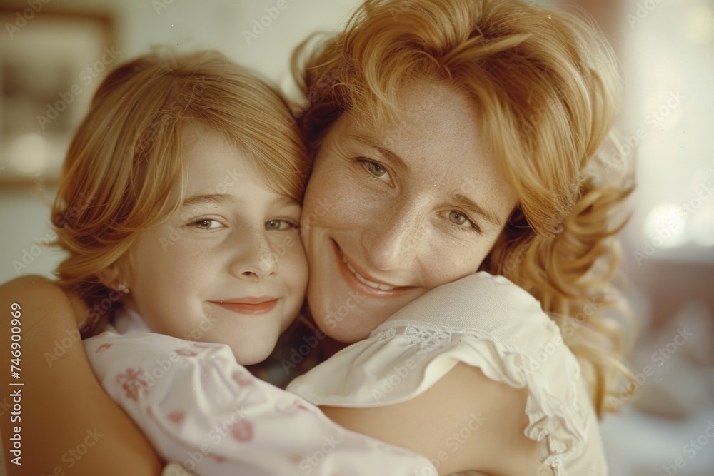 Mother hugging her smiling daughter, Mother's Day concept. Mother hugging her smiling daughter, Mother's Day concept.