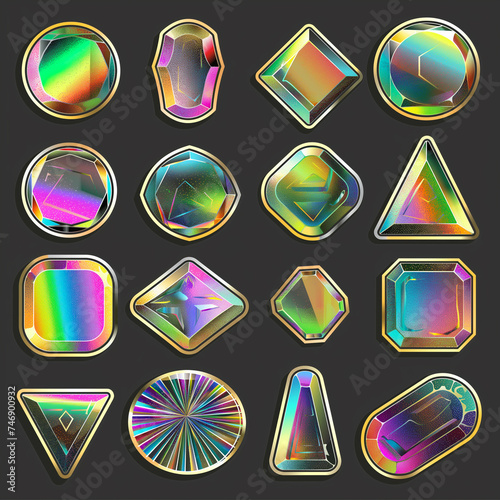 Set of holographic stickers of different shapes on a dark background. Illustration.