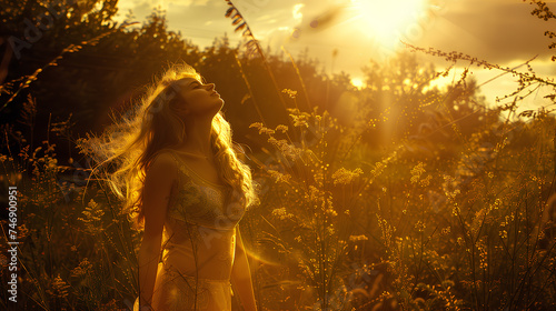 A happy young woman with flowing hair basks in the golden light of a serene sunset amidst a field of wheat. 