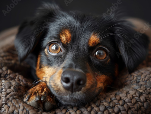 Close-Up of a Tranquil Dog Resting on a Textured Blanket