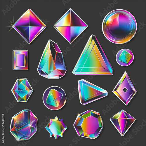 Set of holographic stickers of different shapes on a dark background. Illustration.