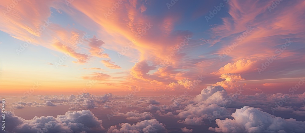 The image captures a cloudy sky during twilight at sunset as seen from an airplane window. The suns rays cast a warm glow on the clouds, creating a serene and peaceful atmosphere. The image captures a cloudy sky during twilight at sunset as seen from an airplane window. The suns rays cast a warm glow on the clouds, creating a serene and peaceful atmosphere.
