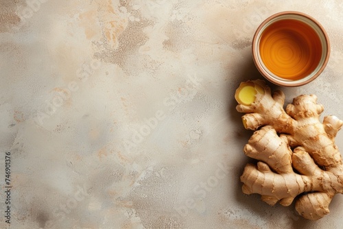 Bowl with ginger tea and ginger roots on the side, beige background.
