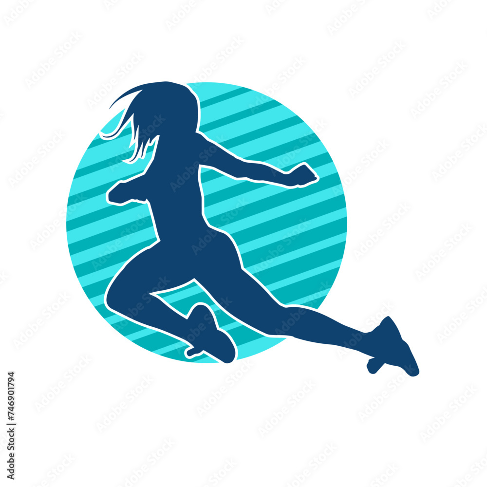 Silhouette of a slim female jump pose. Silhouette of a casual woman jumping