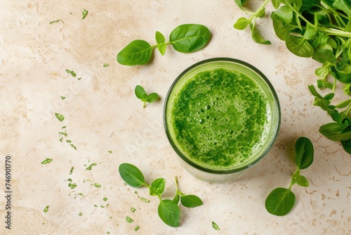 Glass with healthy green juice on beige background, concept of healthy eating and healthy living.