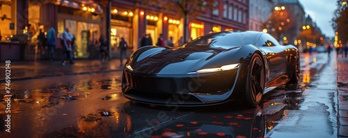   Supersport car in the city, electric car concept. Created with generative AI.  © lchumpitaz