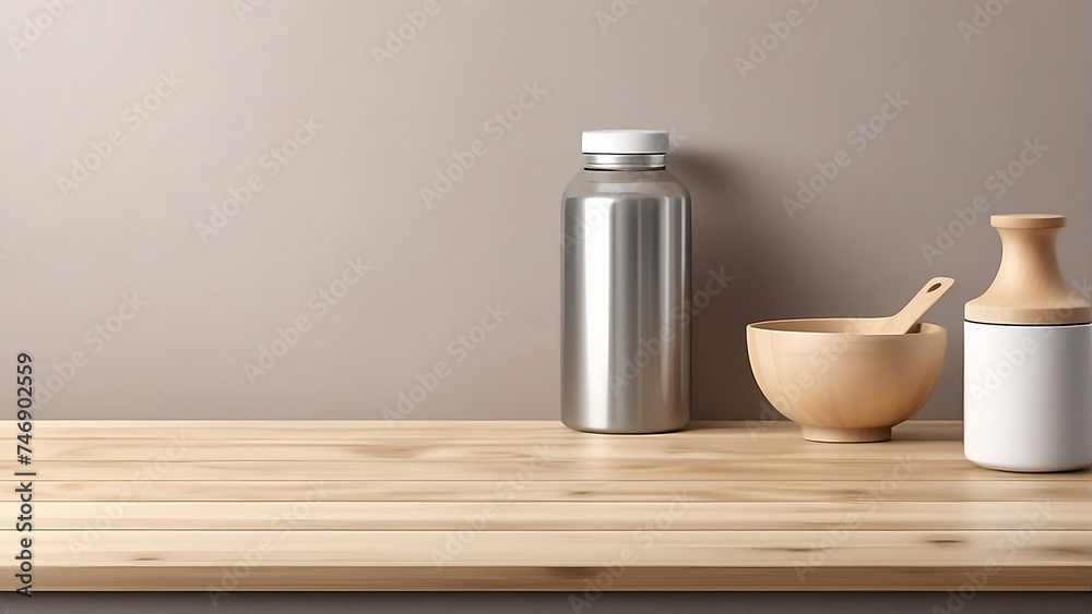 Wood table top on kitchen background. mock up for montage products display or design layout Wood table top on kitchen background. mock up for montage products display or design layout