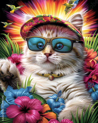 a bright painting of a cat surrounded by tropical plants and flowers. Cat in sunglasses. Illustration for posters, books, banners, appliques on T-shirts and clothes