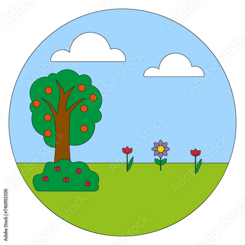 Creation day, nature scene. Tree with apples, blooming flowers. Peaceful garden illustration. Vector illustration. EPS 10.