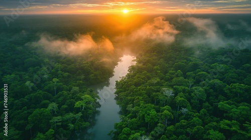 Tropical jungle landscape with Amazon jungle river. Created with Generative AI.