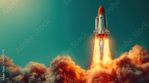 The rocket takes off from the planet. Colorful bright modern. Created with Generative AI.