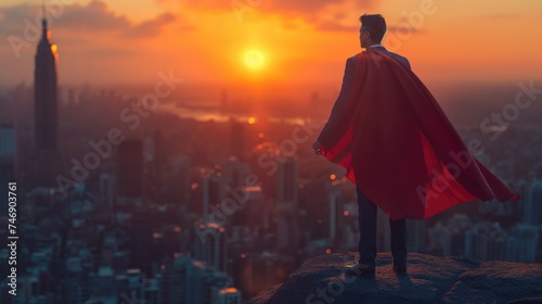 superhero businessman looking at city. Created with Generative AI.